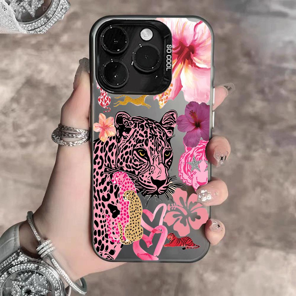 Leopard-print tiger and floral pattern design, full-coverage fashion phone case in colored silver. Compatible with Apple iPhone 17/16/15/14/13 Pro Max and Samsung Galaxy S25/24/23 Ultra series models.