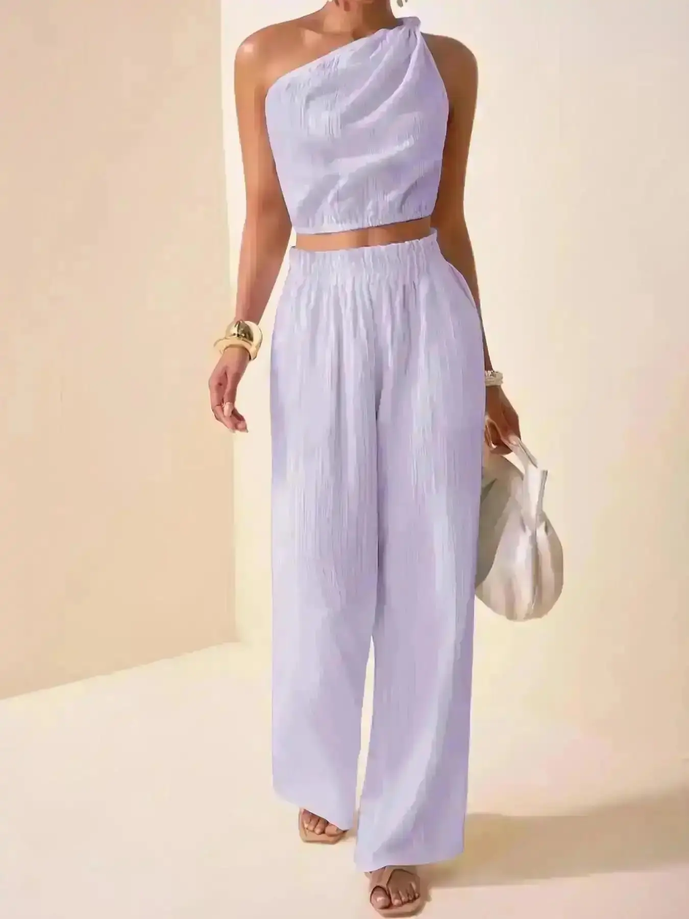 Casual Two-piece Set Women's Solid Sleeveless Crop Top & Wide Leg Pants, Basic Elegant Fashion Casual & High Waist Trousers for Daily Outdoor Wear, Clothing Summer, Daily Comfort Fit Essential Wardrobe Piece Casual