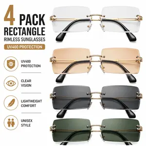 4 Pack Rectangle Rimless Sunglasses – Small Square Shade Eyewear UV400 Protection for Men & Women, Minimalist Style