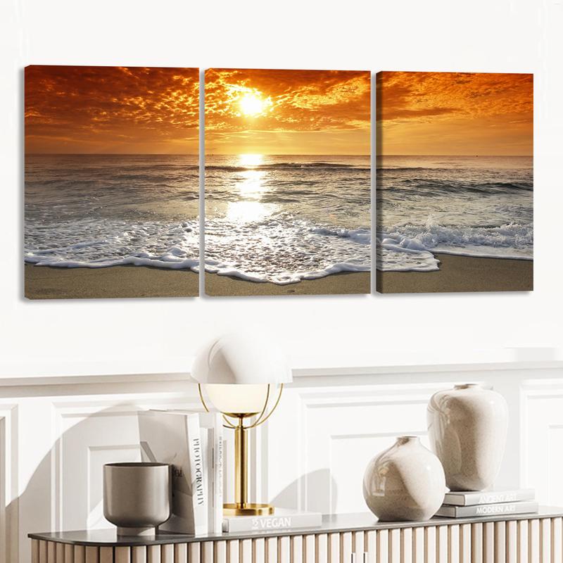 3Pcs Wooden Framed Canvas Painting, Ocean Sunset Beach Waves Scene, Exquisite Poster, Home Decoration, Pattern Wall Art Decor, For Living Room, Bedroom, Office, Restaurant, Bar Wall Decor, Odorless, Painting, Print Artwork.