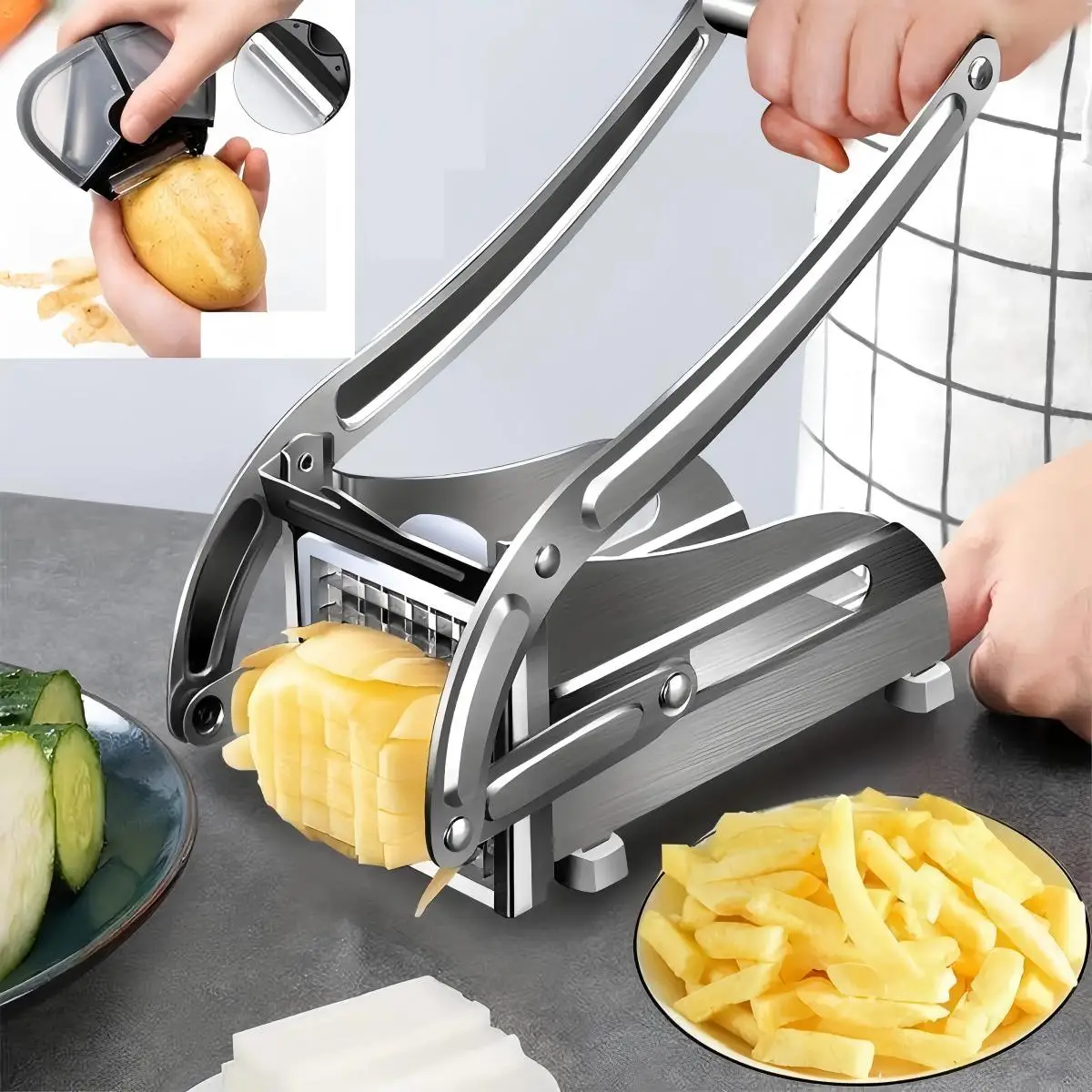 Stainless Steel French Fry Cutter for Home & Commercial,Vegetable , Includes 1/2 & 3/8-Inch Blades Ideal for Air Fryer Foods,Sturdy Suction Base for