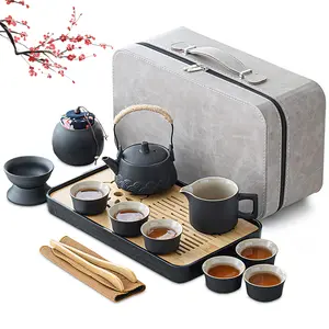 Black Ceramic Tea Set Chinese Tea Set Gifts 13 pcs with Teapot, Tea Cups, Bamboo Tea Tray, Cenister, Infuser, Tray Portable Bag, Tea Infuser, Kung Fu Teapot and Cup Set Travel Tea Set for Tea Lovers
