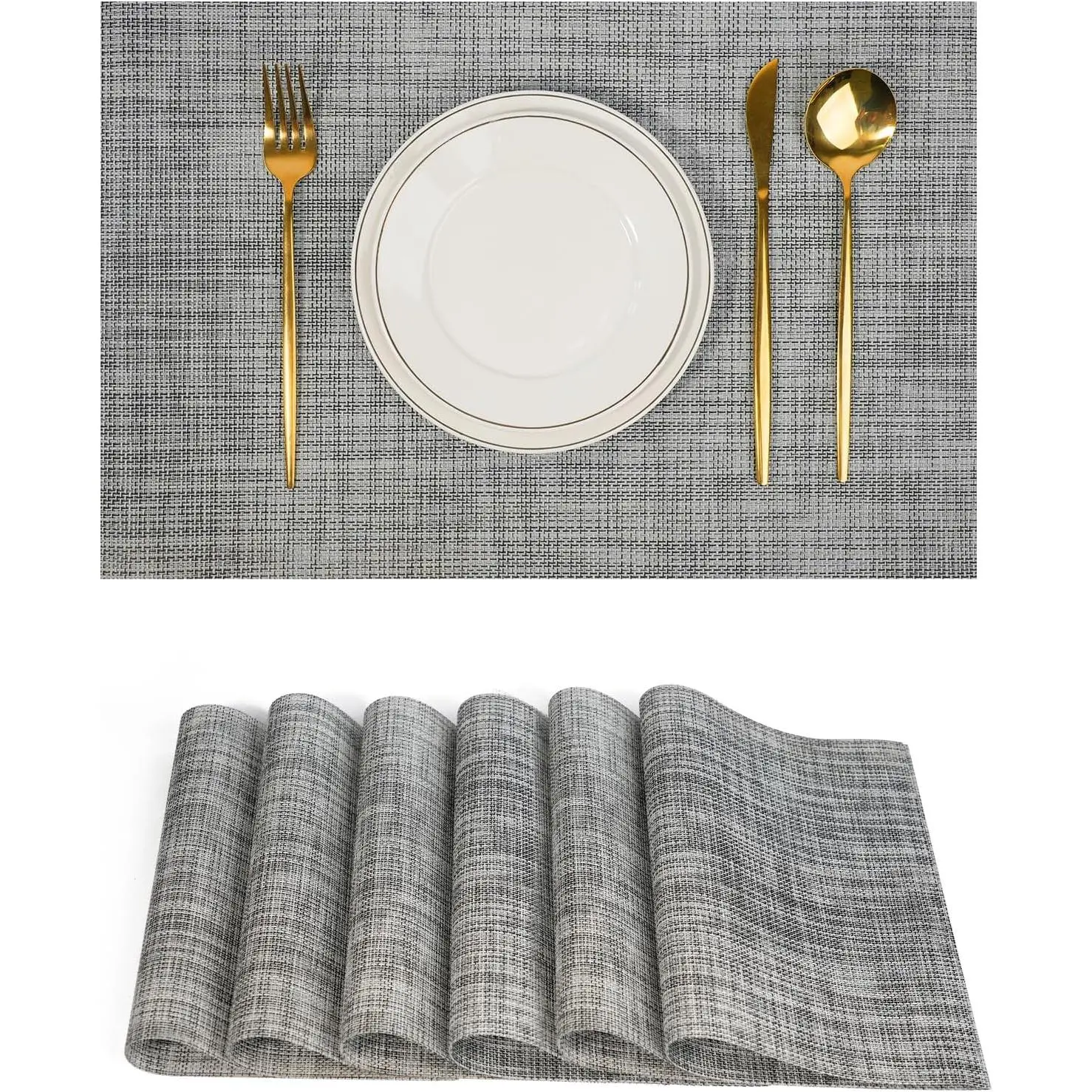 Gray Plastic Rectangle Placemats (6-Piece Set) - Non-Slip PVC Weave, Wipeable, Washable, Heat-Resistant Kitchen Tableware for Dining Table Decoration, Birthday Indoor Use, Plastic Placemats Wipeable