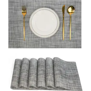 6-Piece Gray Non-Slip PVC Weave Placemats, Washable Easy-to-Clean Heat-Resistant Tableware for Kitchen Dining Table Decoration, Birthday Indoor Use