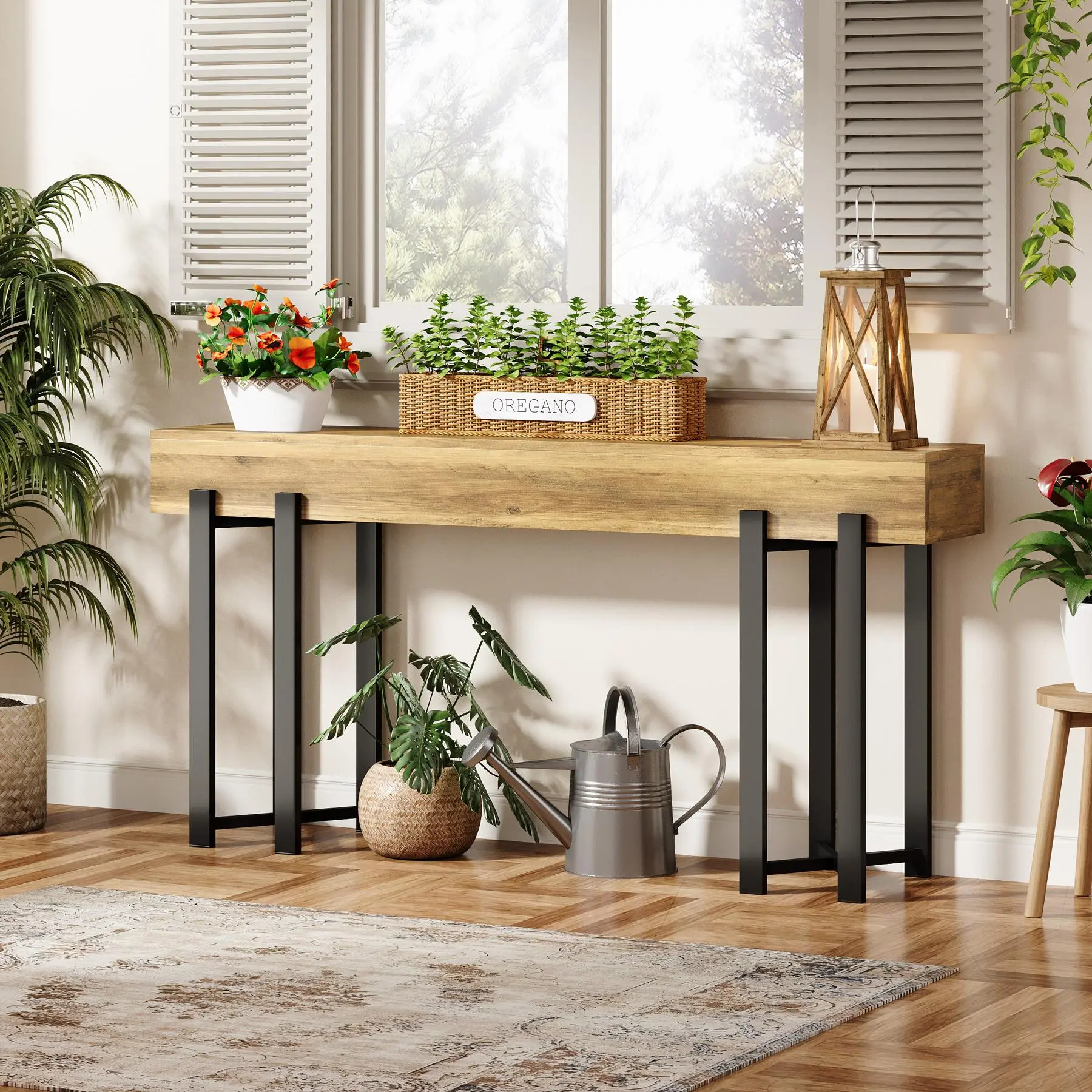 TRIBEWOOD 63-Inch Console Table for Entryway, Industrial Behind Couch Table, Minimalist Sofa Table for Living Room, Rustic Brown Wooden Hallway Foyer Table with Black Metal Frame