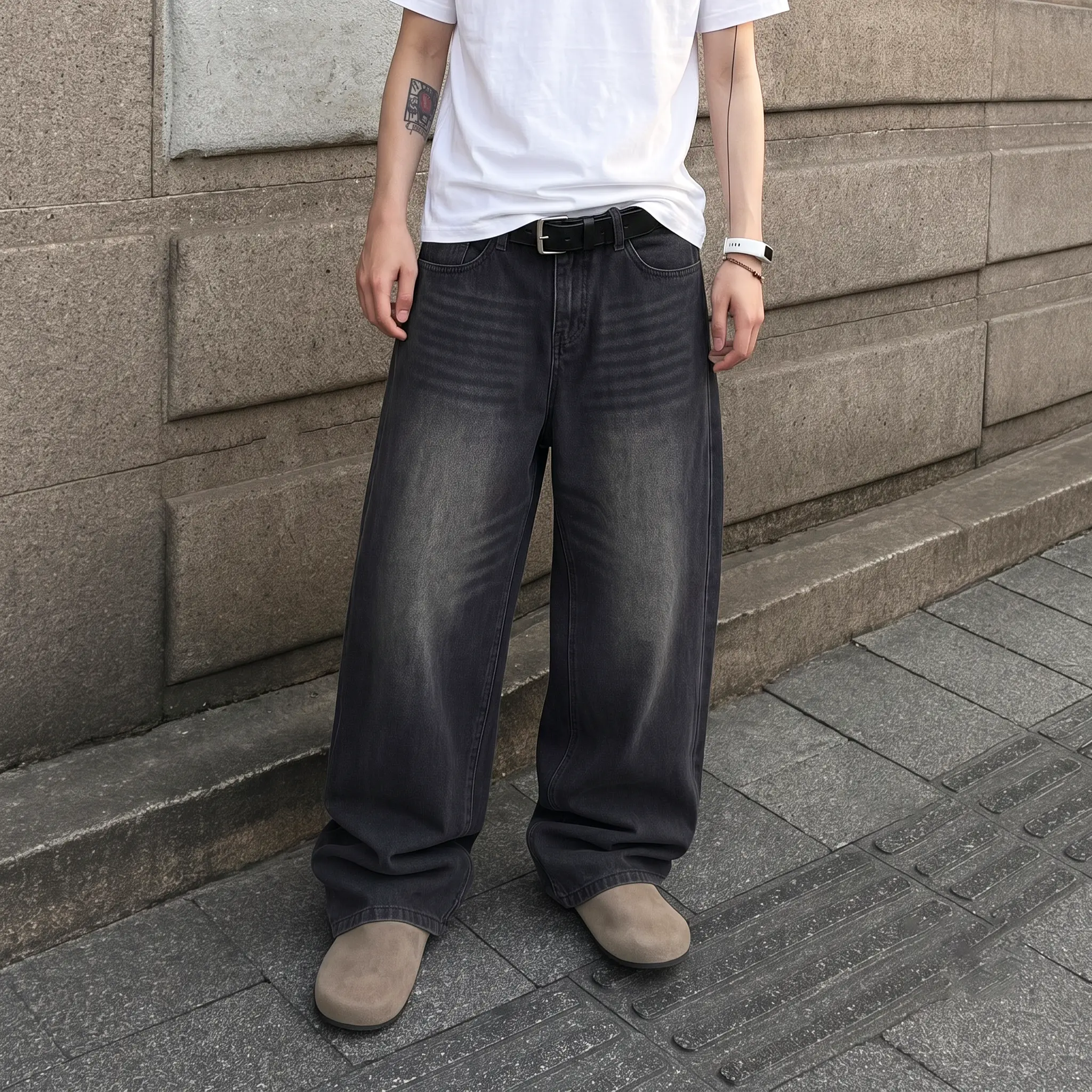 Men's 90s Baggy Denim Jeans,Washed Charcoal Black Loose Fit Jeans,Y2K Streetwear Retro Whiskered Wide Leg Pants,Casual Skater Vintage Denim Bottoms,baggy wide-leg denim jean Durability Garment