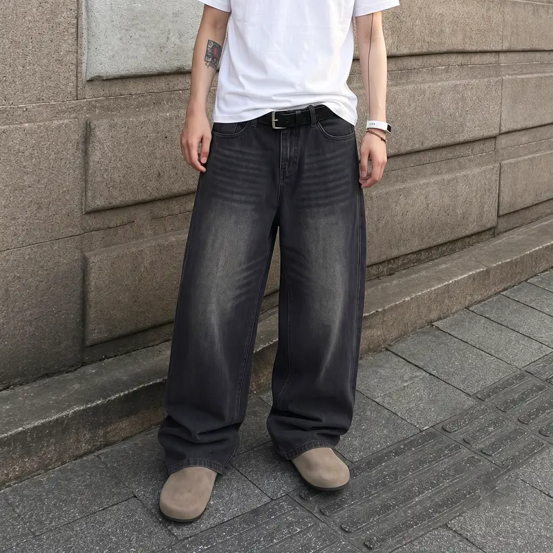 Men's 90s Textured Fabric Baggy Denim Jeans - Washed Charcoal Black Loose-Fit Y2K Menswear Streetwear Retro Whiskered Wide-Leg Pants, Basic Breathable Minimalist Shadow Durable Garment for Casual, Skater Use