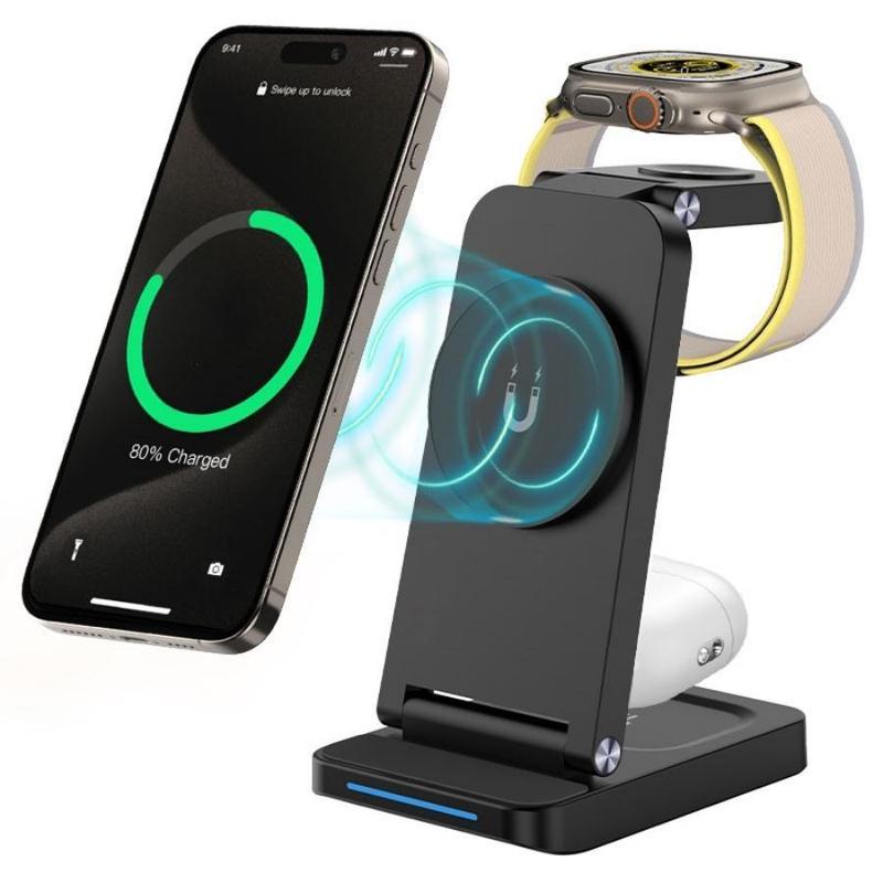 3 in 1 Magnetic Wireless Chargers, Foldable Magnetic Electronics Wireless Charger Stand, Durable Fast Charging Station Compatible with iPhone 16 15 14 13 12 Series