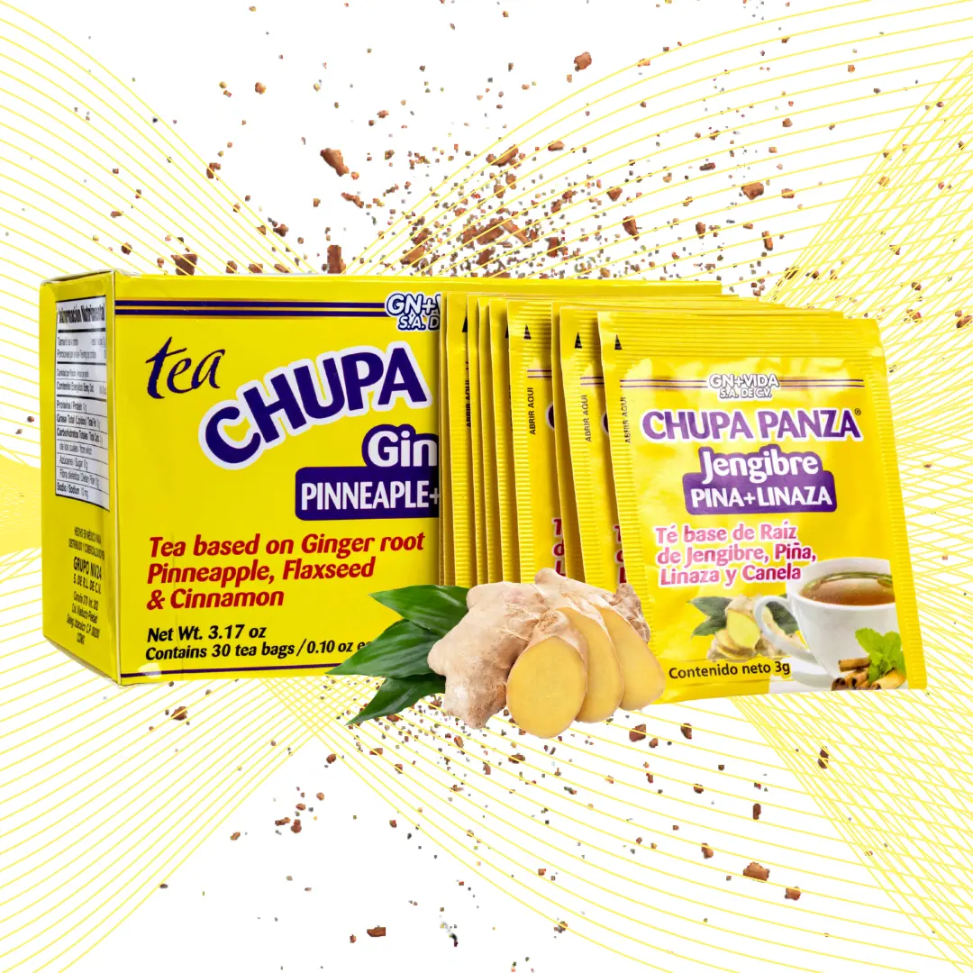 New Improved Te Chupa Panza  (Ginger + Pineapple) - Herbal Tea with Ginger Root, Pineapple, Flaxseed & Cinnamon (30 Tea Bags, 0.10 oz Each) Beverage