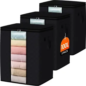 3 Pack 100L Clothes Storage, Foldable Thick Fabric Blanket Storage Bags, Containers for Organizing Bedroom, Closet, Clothing, Comforter,Closet Organization with Handle,Black