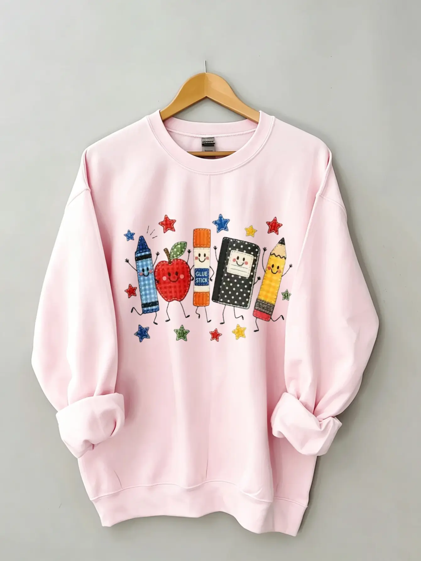 Gildan Back To School Teacher Sweatshirt Cute Cartoon Apple Pencil Crayon Notebook Graphic Oversized Crewneck Pullover