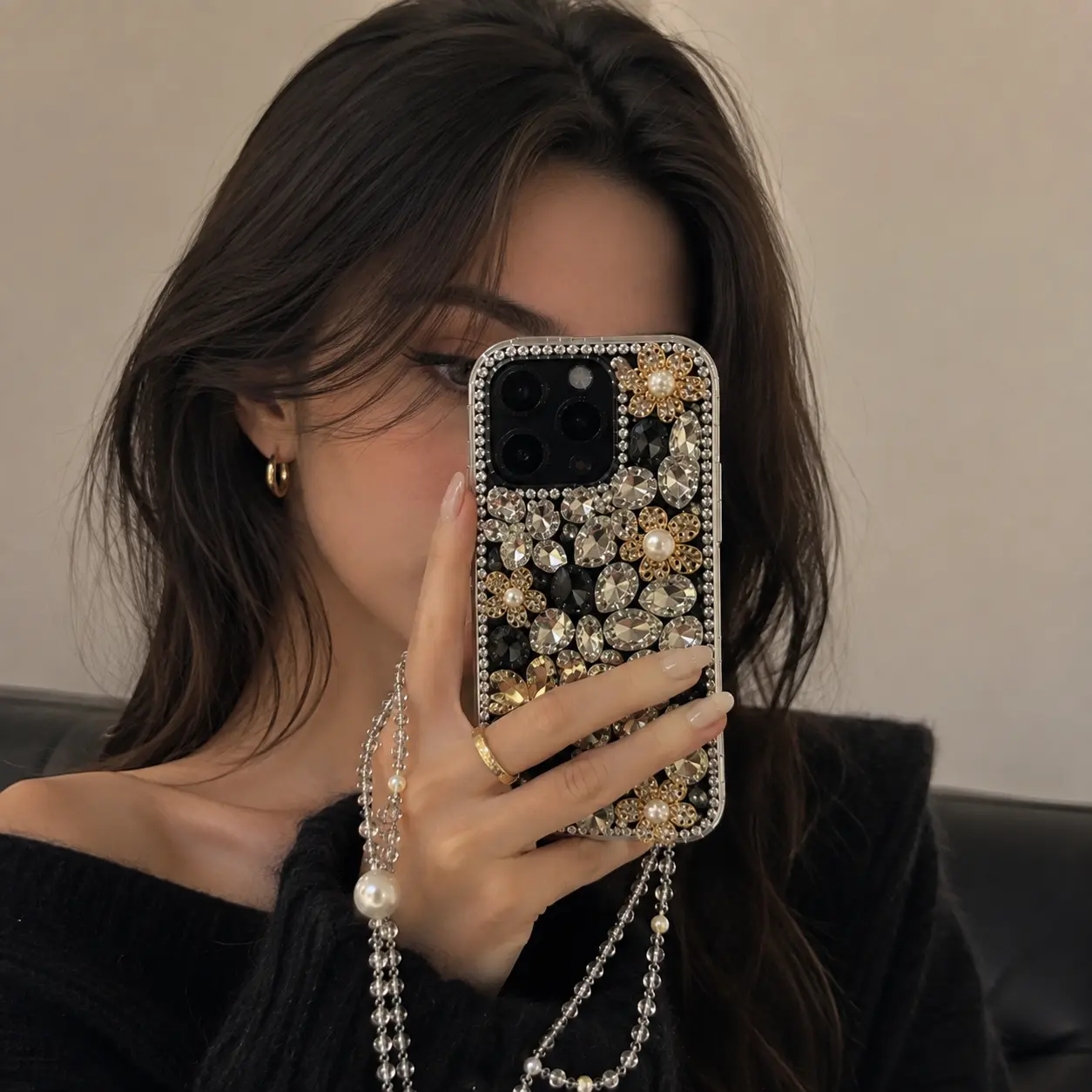 Luxury Bling Rhinestone Floral Phone Case for iPhone 17 16 Pro Max 15 14 13, 3D Sparkly Full Diamond Jeweled Protective Cover with Pearl Wrist Strap, Glam Cute Aesthetic Phone Accessories for Women Girls, Gift for Her