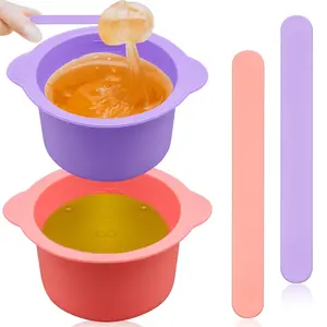 2Pcs Reusable Non-Stick Silicone Wax Warmer Liner Wax Bowl Pot Replacement with 2 Pcs Wax Spatula Sticks for Hair Removal Purple Pink