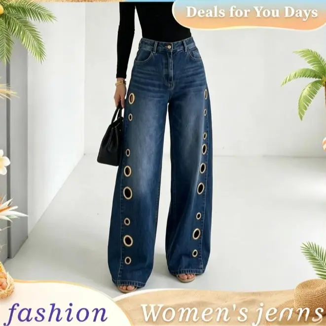 Women's High-Waisted Denim Jeans Bottoms, Loose Cotton Fabric with Button Closure, Geometric Cutout Pockets & Circular Ring Design, Cutout Eyelets for Spring/Summer Casual Streetwear & Holiday Outfits, High Waisted Jeans, Cutouts