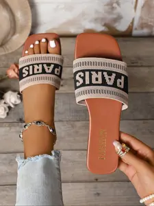 Women's Open Toe Flat Sandals, Summer Cloth Letter Fashion Slippers, Versatile Outdoor Colorblock Slip-Ons, Casual Wear, Footwear