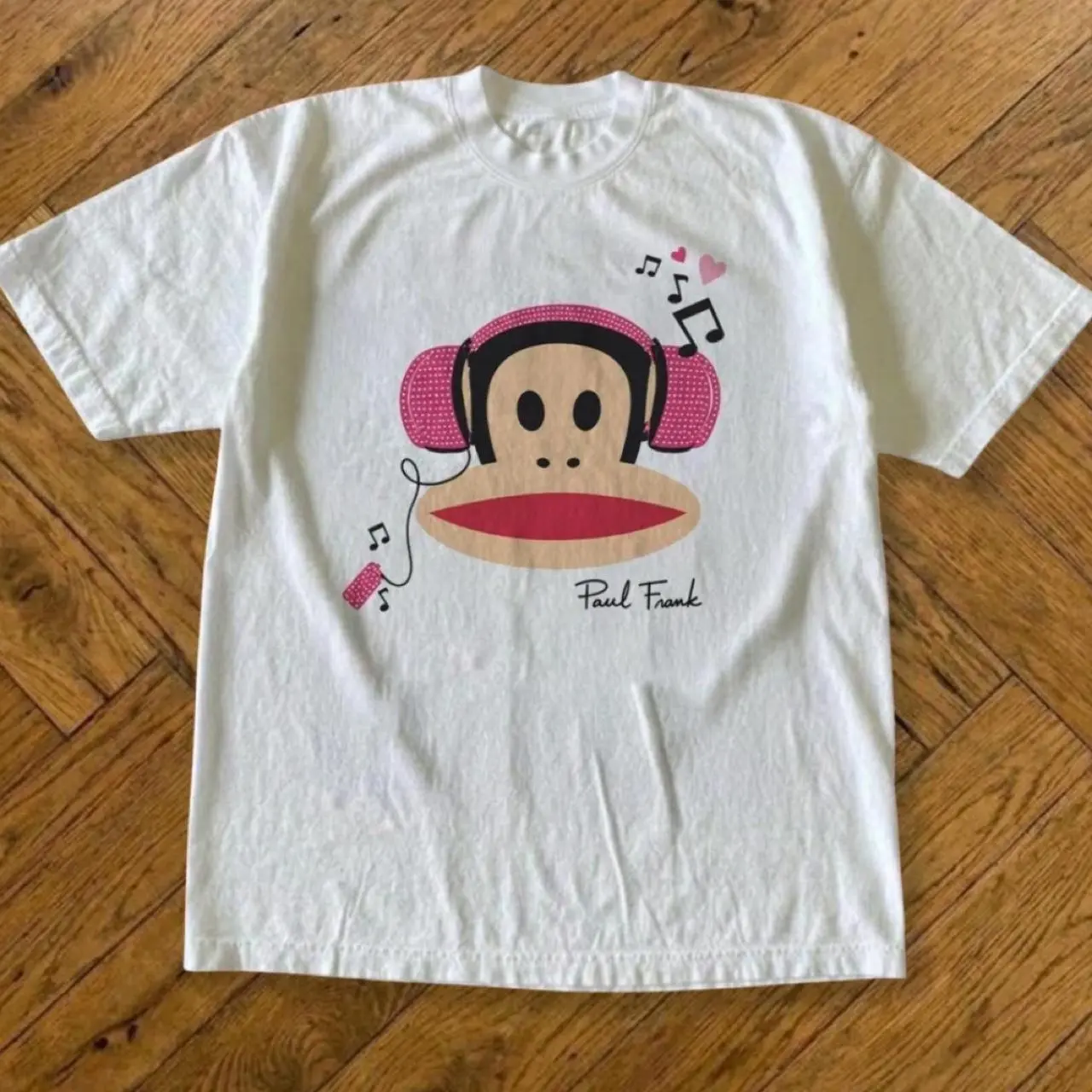 Paul Frank Julius Monkey Pink Headphones Music T-Shirt - Vintage Y2K White Graphic Tee, Cute Y2K Music Aesthetic Streetwear Unisex Top