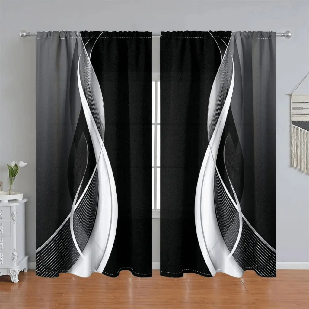 2Pcs Modern Abstract Black White Wave Printed Curtain Panels, Home Decorative Curtain, Semi Sunshade Polyester Fiber Drapes, Window Hanging, Pole Pocket Style for Living Room Bedroom Balcony Kitchen Window Decoration, Anti Privacy, Home Decor, Temu Find