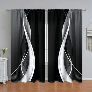 2Pcs Modern Abstract Black White Wave Printed Curtain Panels, Semi Sunshade Polyester Fiber Drapes, Pole Pocket Style for Living Room Bedroom Balcony Kitchen Study Bathroom Window Decoration, Accessory, Anti Privacy, Home Decor, Home Textile, Temu Find.
