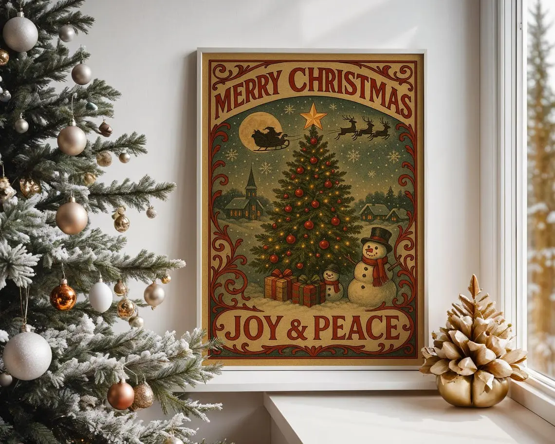 Vintage Christmas Poster – Merry Christmas Wall Art, Joy and Peace Holiday Print Poster