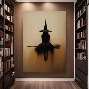 Witch Broom Canvas Wall Art Beige & Black Minimalist Gothic Style Living Room Bedroom Office Hanging Painting Halloween Easter Mother's Day Decoration Mysterious Room Gift Kit