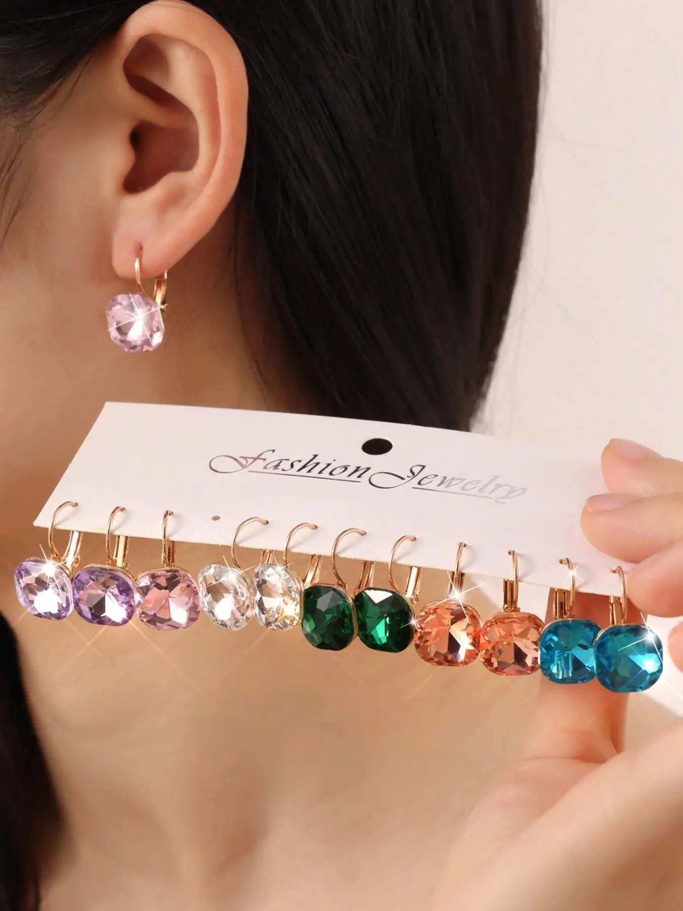 Colorful Crystal Earrings Set, Luxurious and Versatile, 6 Pairs Multi-Color Combination, Perfect for Gifting and Personal Use, Ear Jewelry, Earring Stacking Set