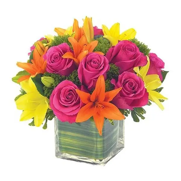 Lovely Lily & Rose Celebration Bouquet - Vibrant Floral Arrangement with Colorful Flowers in Glass Vase