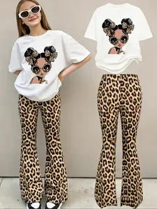 【Two-piece set】Girls' fashionable leopard print sweet and cool set, cartoon anime girl printed T-shirt + leopard print flared pants, retro style two-piece set for small, medium and large children, suitable for spring, autumn, summer and winter.