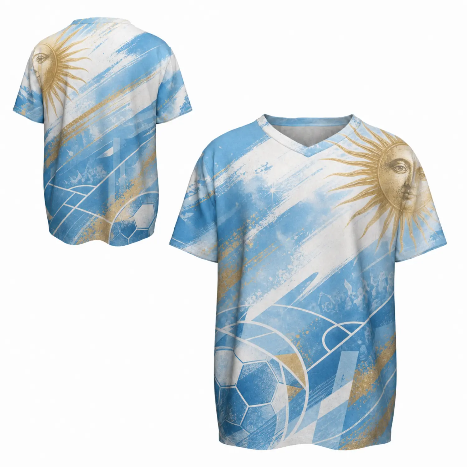 Argentina National Football Team Retro V-Neck Jersey - Sun Graphic Full Print Soccer Shirt