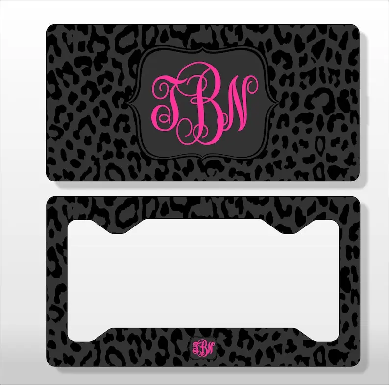 Personalized Black Leopard License Plate & Frame Gift Set, Custom Monogram Car Tag, Matching Keychain & Car Coaster, Stylish Auto Accessory, Gift for Her