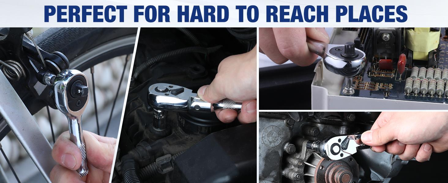 #backtoschool WORKPRO Stubby Ratchet & Bit Driver Set 16 Packs, 1/4", 3/8" Drive Ratchet Handle Wrench, 72-T Quick-Release Reversible Socket Wrench, 2 Socket Adapters, 2 Extension Bars, 10 Packs 1/4" Hex Bits