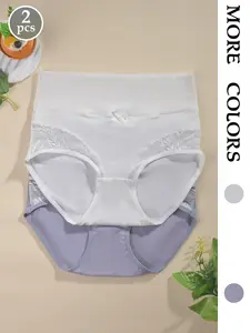 Women's Plain Series Comfortable Skin-Friendly Contrast Lace Design Underwear, Fitted Natural Waist Sporty Casual Triangle Panties, Contrast Lace Panty