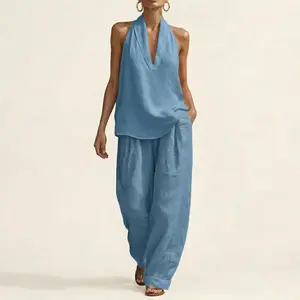 Women's Boho Linen 2 Piece Set | Chic Halter Backless Top & Loose Wide Leg Pants | Breathable Relaxed Fit Outfit for Beach, Brunch & Vacation
