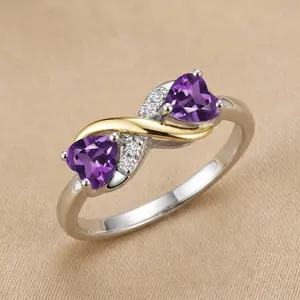 S925 Sterling Silver Heart-Cut Purple Crystal Ring for Women – Double Heart Design, Gold-Plated Accent, Romantic Promise Gift Jewelry