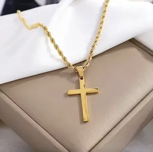 19" Gold Plated Cross Necklace Unisex Rope Chain