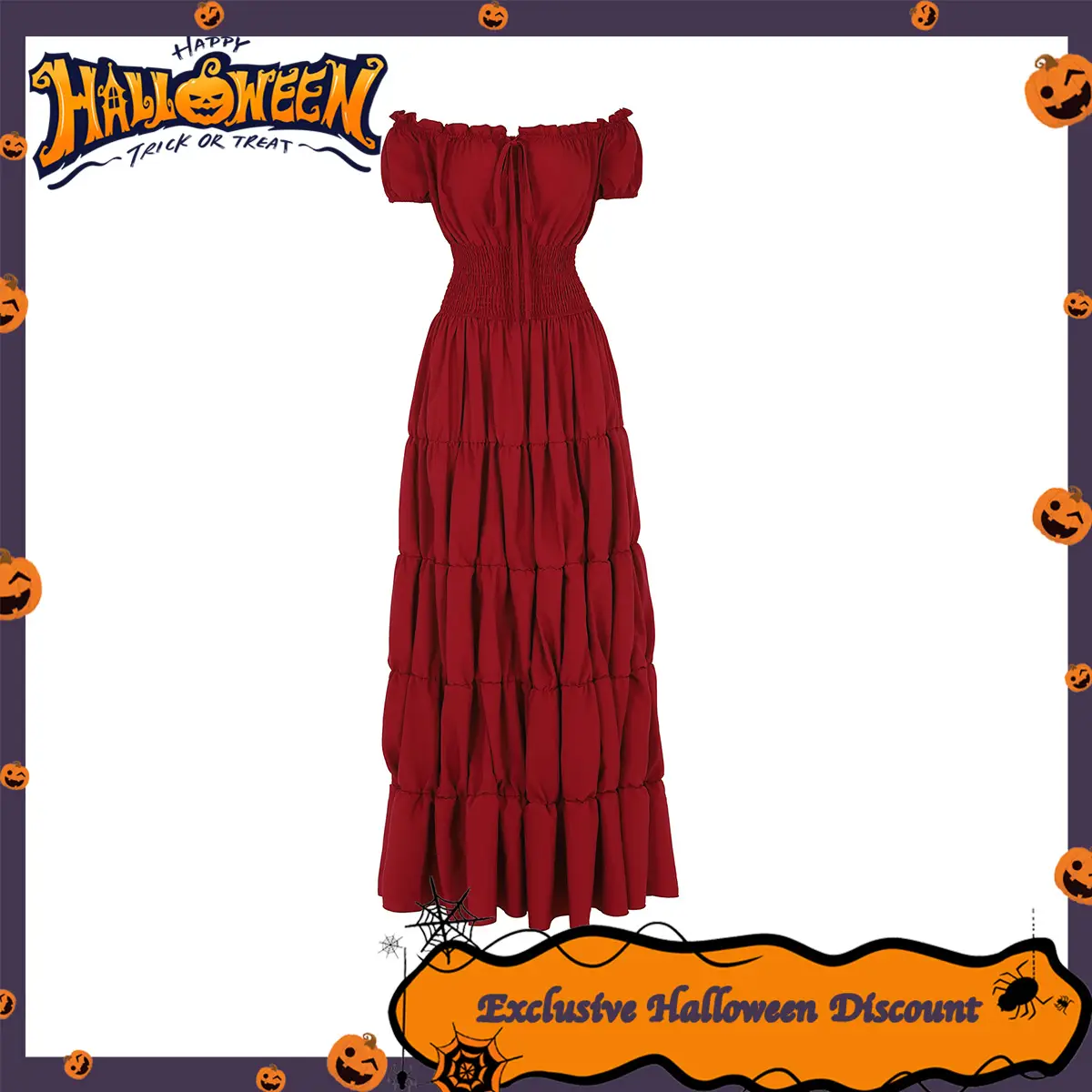 Renaissance Costume Women Medieval Irish Under Dress Retro Gown Wench Peasant Smocked Waist Long Dresses Halloween Costumes Girls Party Outfit Gothic