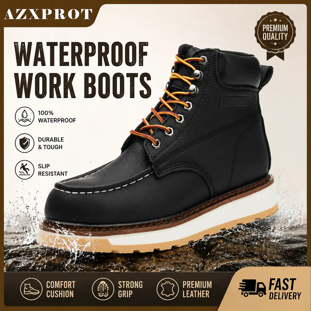 AZXPROT Men's Genuine Leather Ankle Boots, Mens Casual Combat Boots, Motorcycle Dress Boots, Durable Non Slip Work Boots For Daily Wear, Riding & Outdoor Activities