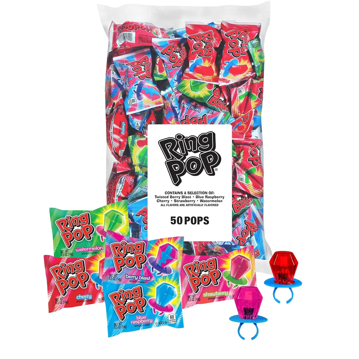 Ring Pop Candy Lollipops (50 Ct) Bulk Fruity Wearable Candy Box