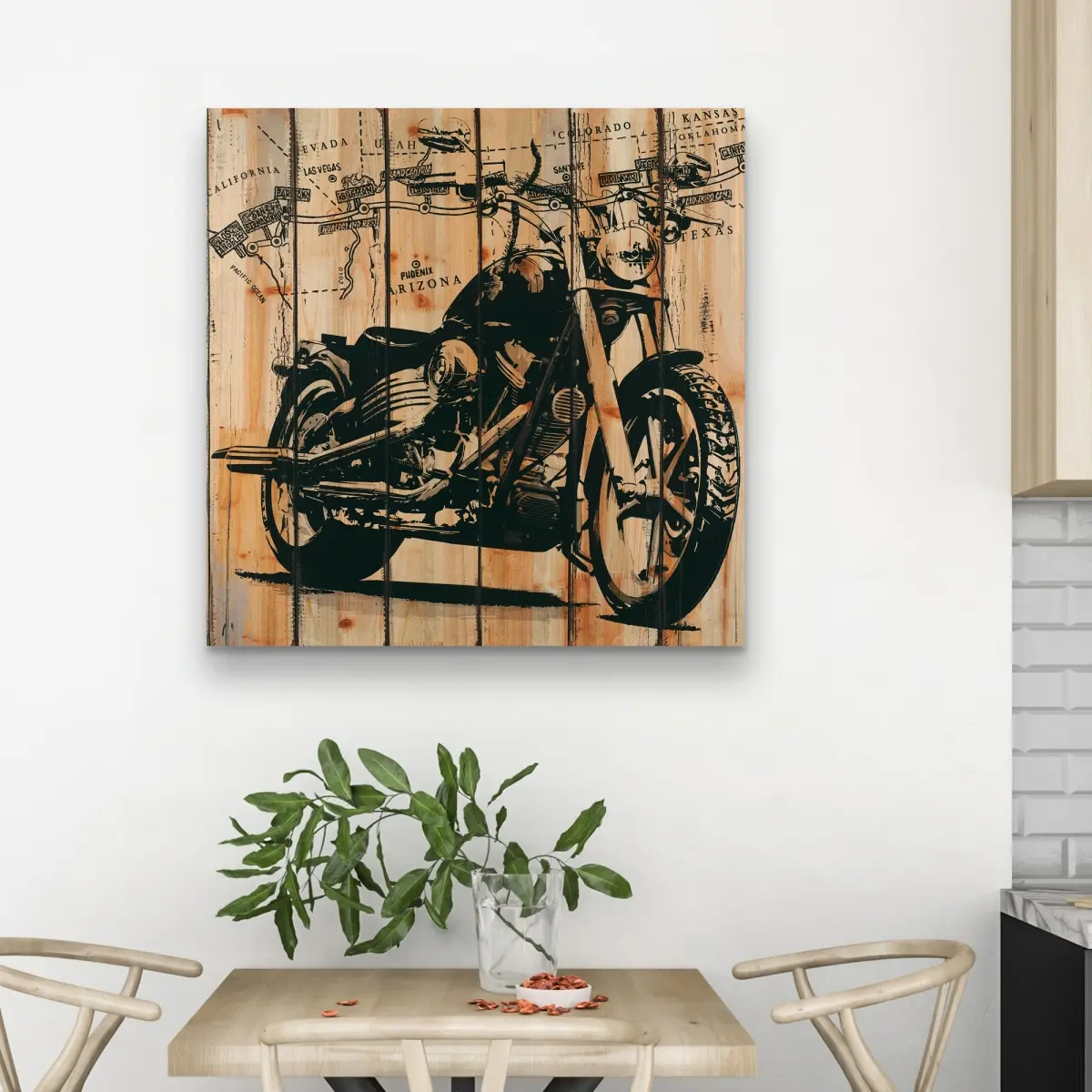 32x32 in. High Def Motorcycle Photo Artwork Wall Print with 360 Stand - Beige Wood Backdrop, Rustic Adventure-Themed Home Decor for Office/Room, Home Inspo for Enthusiasts