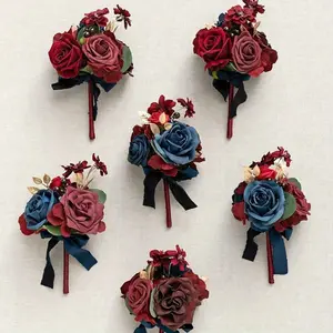 Burgundy & Navy Wedding Flowers Mini Bridesmaid Bouquets Maroon Rose Set of 4 Pre-Made Small Floral Dark Red Wedding Centerpiece decor decoration