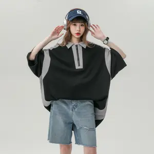 Men's Oversized Color-Block Half-Zip Polo Shirt Streetwear Style Short Sleeve Menswear Top