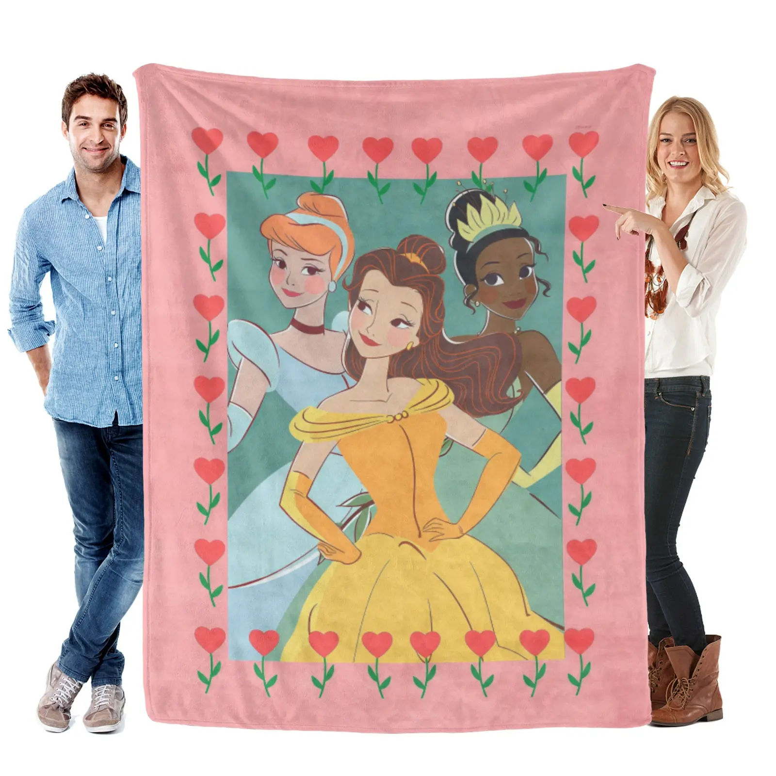 [Summervibes] Disney Retro Art Three Princess Heart Blanket, Warm Portable Flannel, Daily Casual Bedding, Cute Floral Heart Princess Themed Throw
