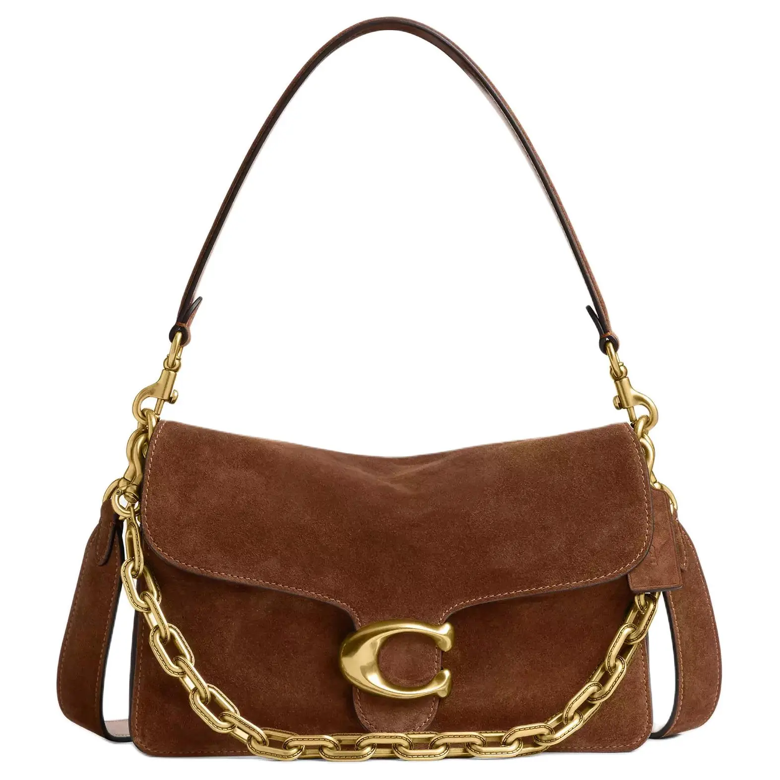 COACH Chain Tabby 26 Suede Crossbody Bag with Branded Chain for Women in Brass and Warm Brown