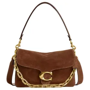 COACH Chain Tabby 26 Suede Crossbody Bag with Branded Chain for Women in Brass and Warm Brown
