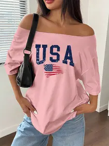 Women's Usa Flag Print T-Shirt, Vintage American Casual Everyday Wear, Summer Daily Clothing, Comfortable and Stylish Top