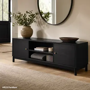 Modern TV Stand - On-Trend Arch Entertainment Center for Living Room, Minimalist Media Console with Solid Wood Legs, Adjustable Shelves, Cabinets, Fits TVs Up to 78 in, Black Indoor Furniture, Entertainment Tv Stand