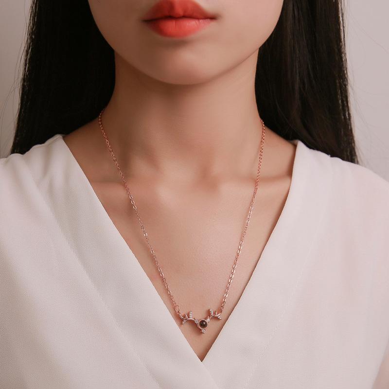 Women's Silver Personalized Deer Antlers Projection Pendant Necklace - Korean Style, Casual, Custom Name, Auspicious Amulet, Crystal Collarbone Chain, Default "I Love You", Unisex, Birthday/Daily Wear, Custom Content (Contact Us), Projection Capabilities