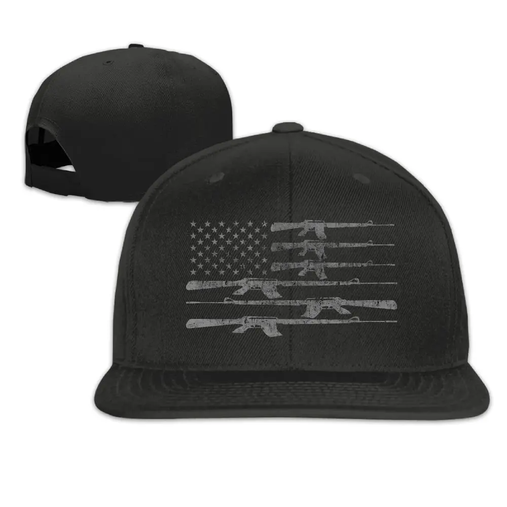 USA Flag Machine Gun Print Adjustable Snapback Hat - Flat Brim Military Sun Hat, Fitted Cool Fashionable Black Stars and Stripes Casual Outdoor Accessory, Budget Father's Day Gift, Fitted Cool Hats