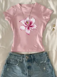 Women's Lily Flower Print Crew Neck Tee, Casual Short Sleeve T-shirt for Daily Wear, Ladies Clothes for All Seasons, Top