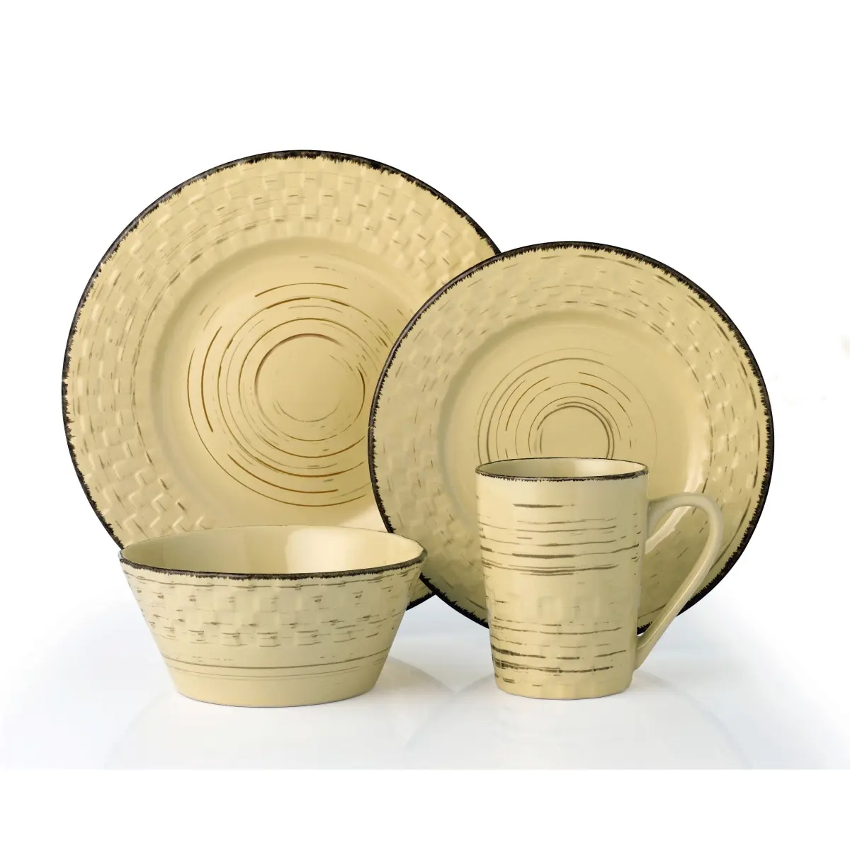212 MAIN Lorren Home Trends LH518 16-Piece Distressed Weave Ceramic Dinnerware Set, Buttercup, Includes Mugs, Bowls (Tableware Dinner Set), Bowl Sets, Dinner Sets