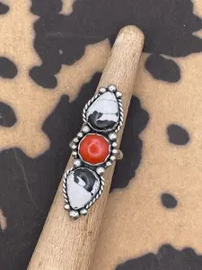 Amelia-White Buffalo Turquoise and Red Coral Triple Gemstone Ring